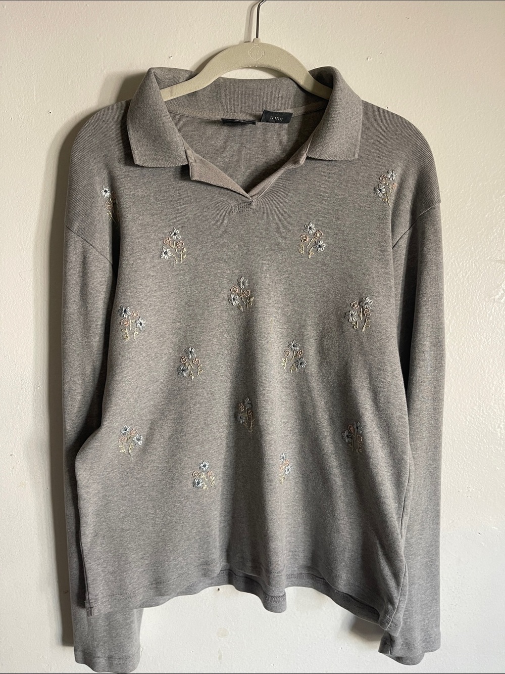 Vintage Lizwear Heather Gray Embroidered Floral Collared Knit Top XL
